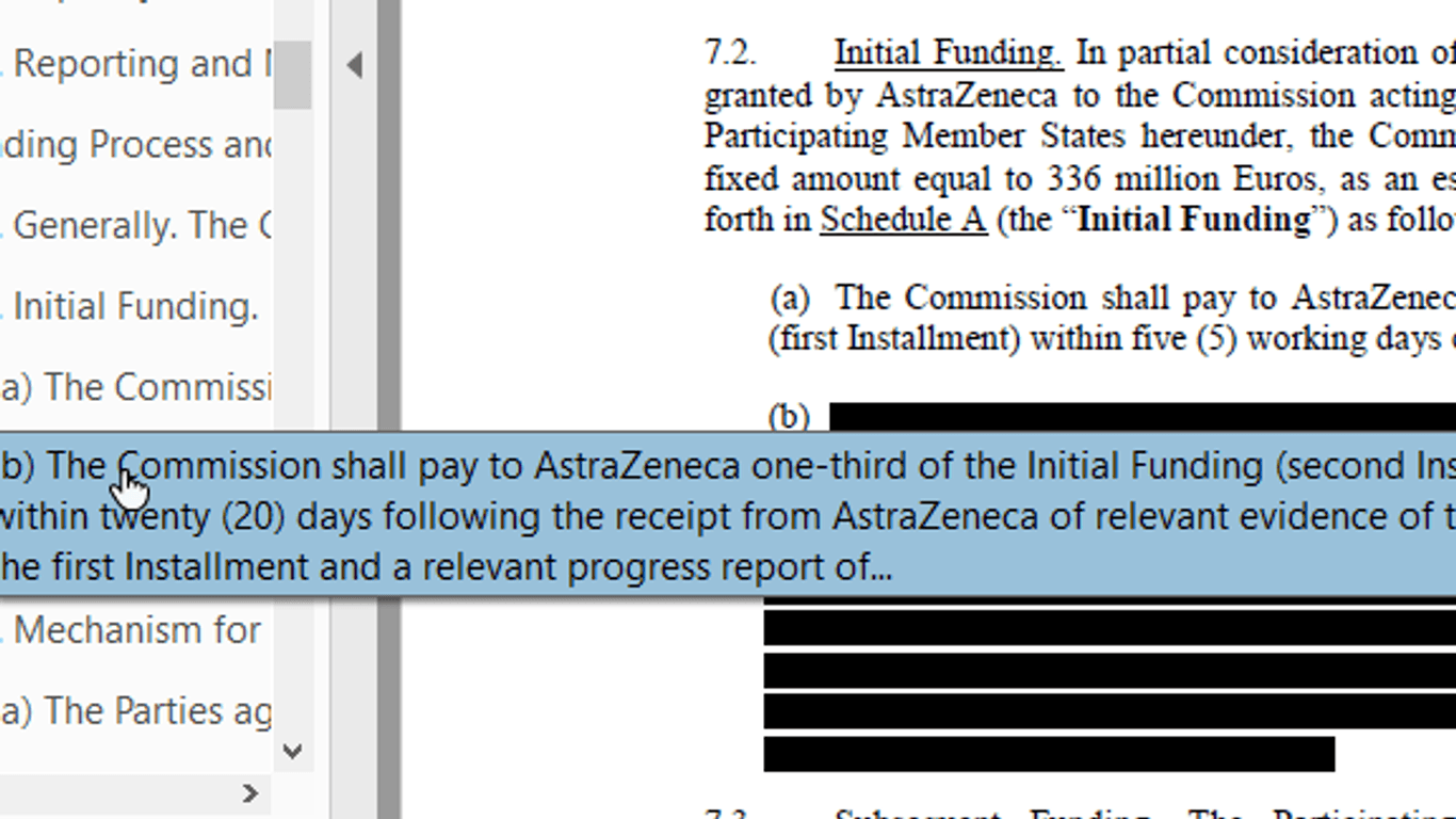 Verräterische Lesezeichen: Geschwärzte Teile des Vertrags der EU mit AstraZeneca waren dennoch lesbar.