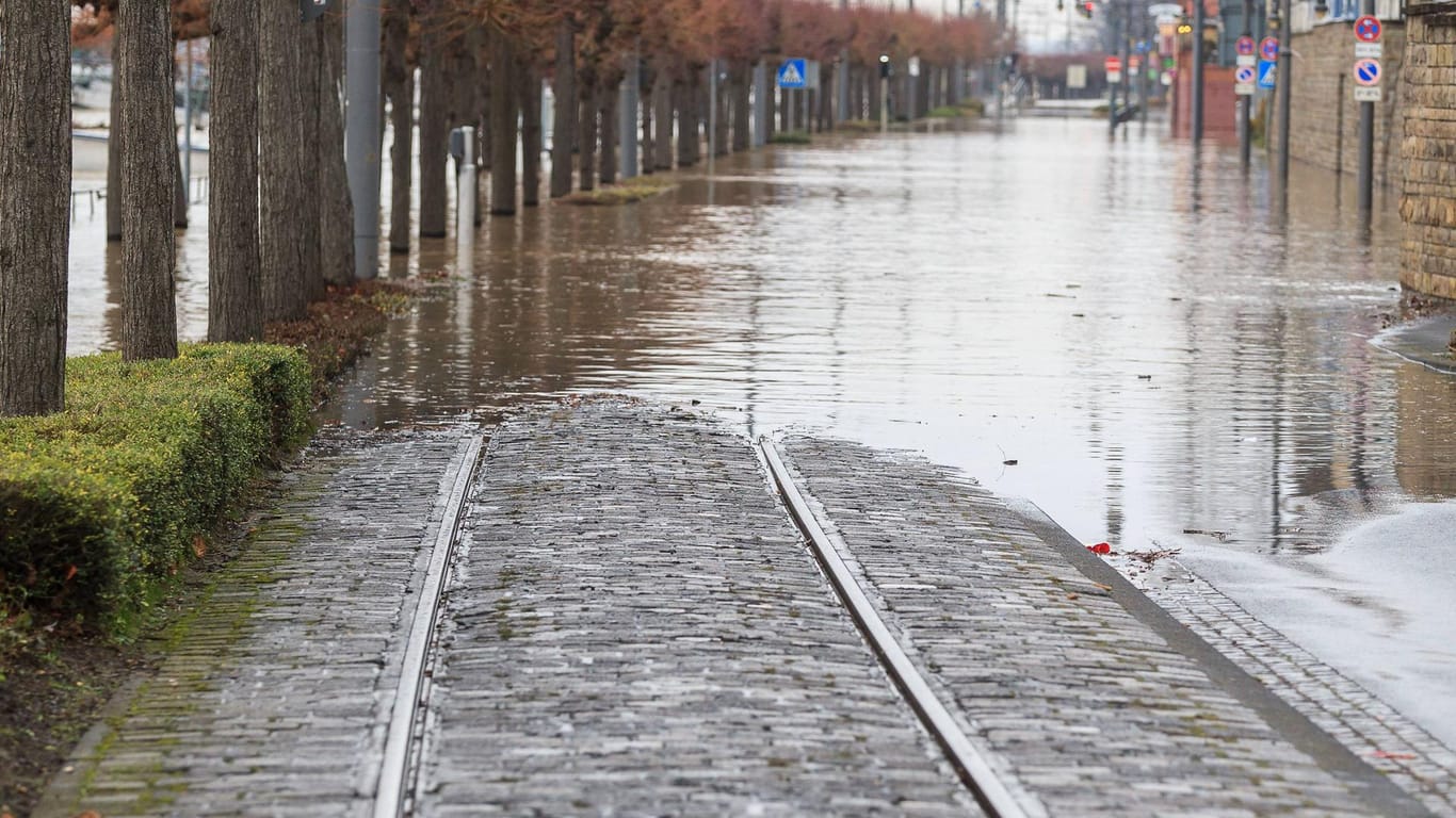 Der Schienenweg der Linie 66 der SWB Bonn: Er kann während des Hochwassers nicht passiert werden.