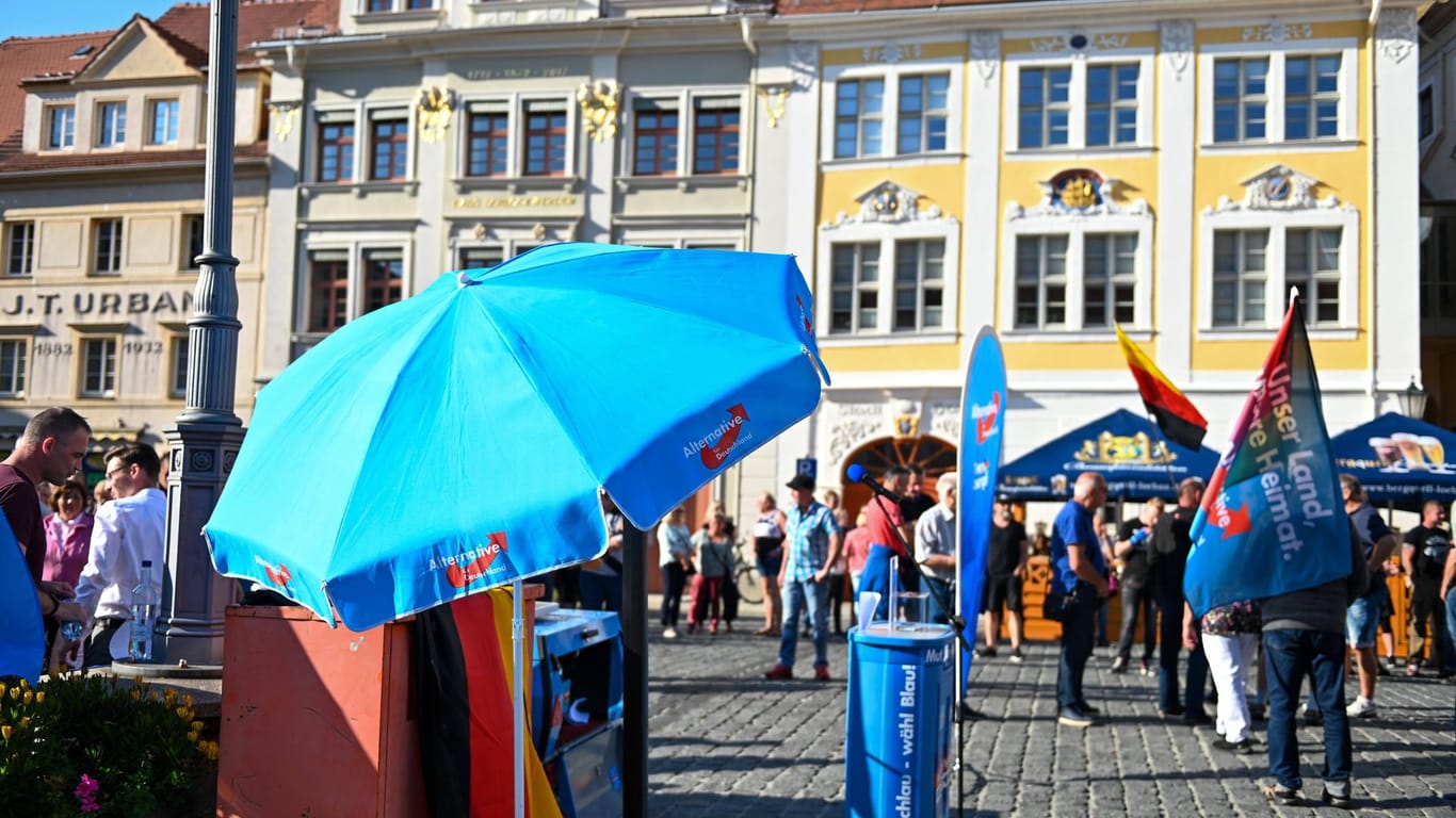 Ein AfD-Wahlkampfstand in Löbau, Sachsen: Der Verfassungsschutz führt den Landesverband nun offenbar als Verdachtsfall.