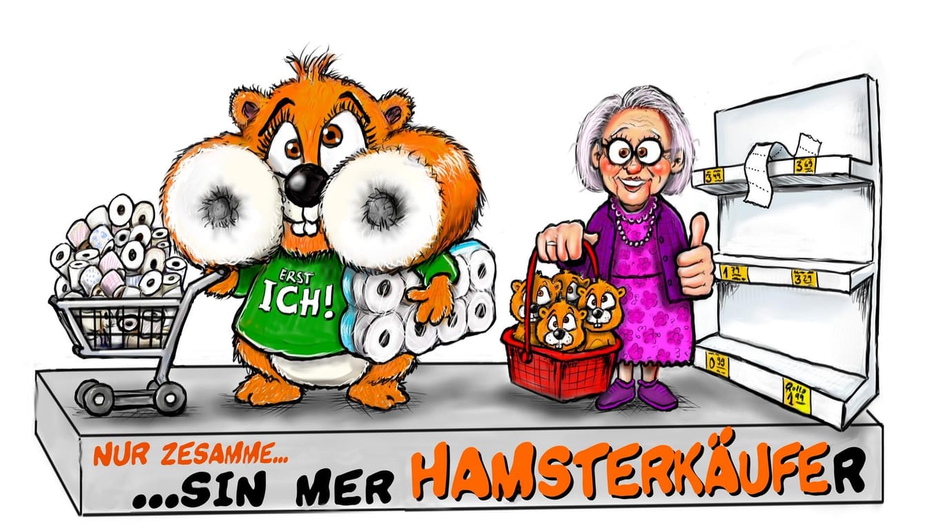 Ein Hamster mit Klopapierrollen ist auf einer Skizze für den Kölner Ersatz-Rosenmontagszug zu sehen: Der echte Zug findet nicht statt.