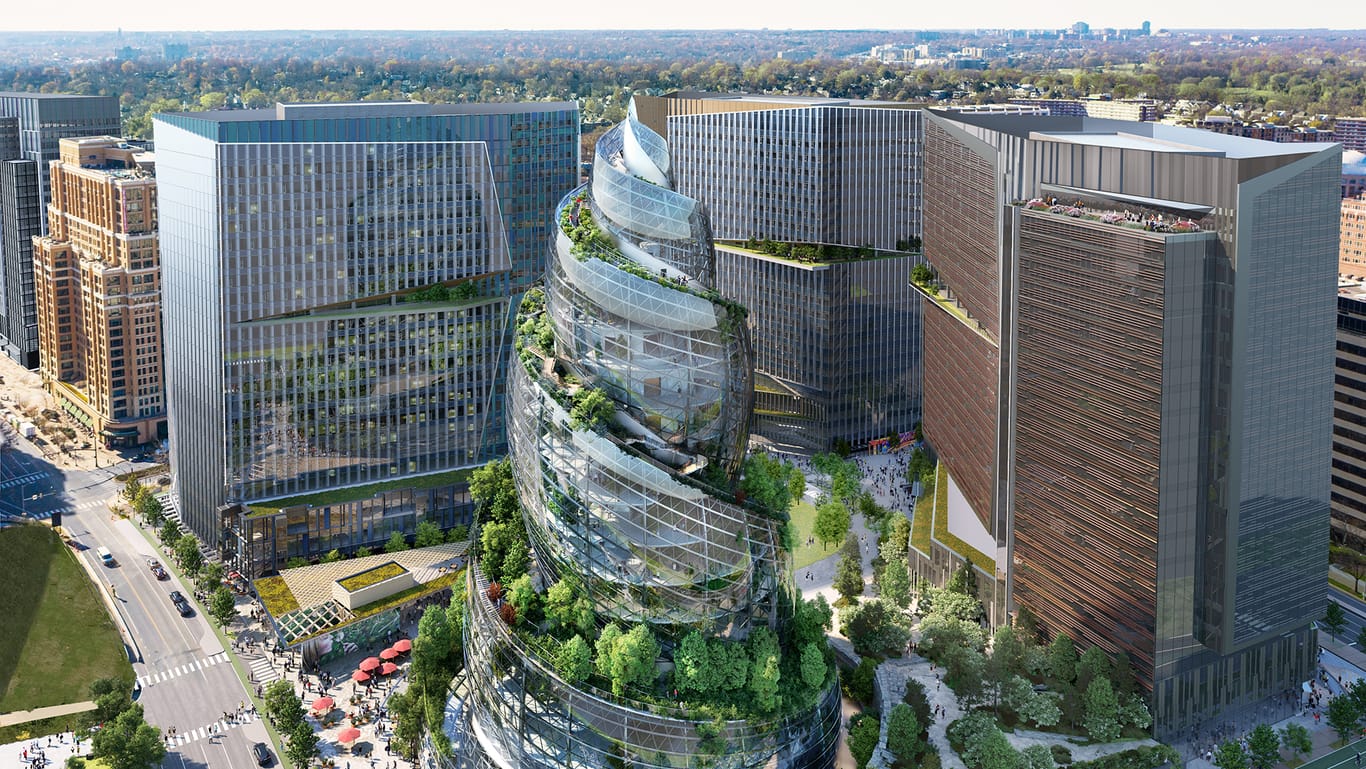 The Helix, ein geplantes Amazon-Gebäude: Auf dem Glasgebäude führen zwei Naturpfade nach oben