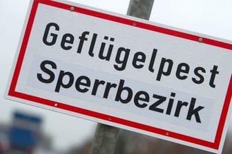 Ein Schild mit der Aufschrift "Geflügelpest Sperrbezirk"