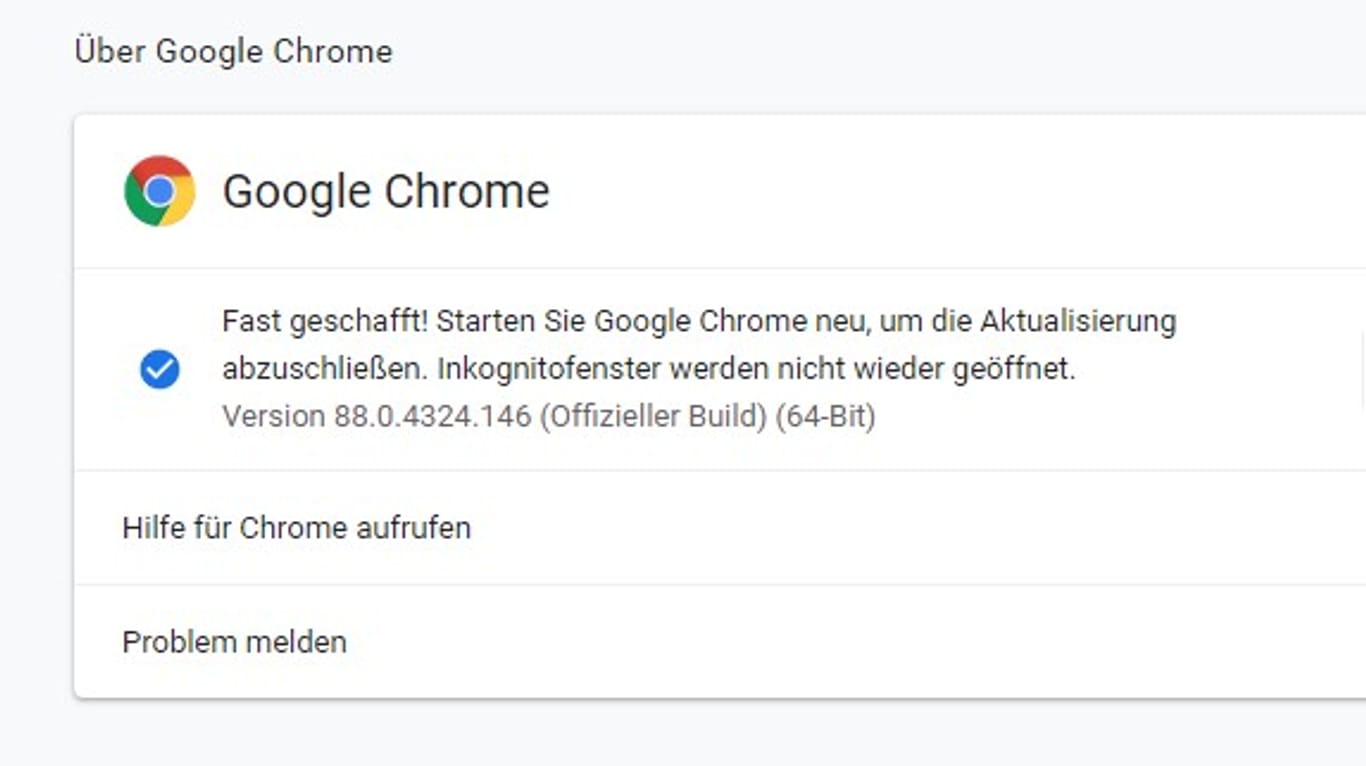 Screenshot: So sollte es aussehen, wenn Sie das Update im Chrome-Browser installieren wollen.
