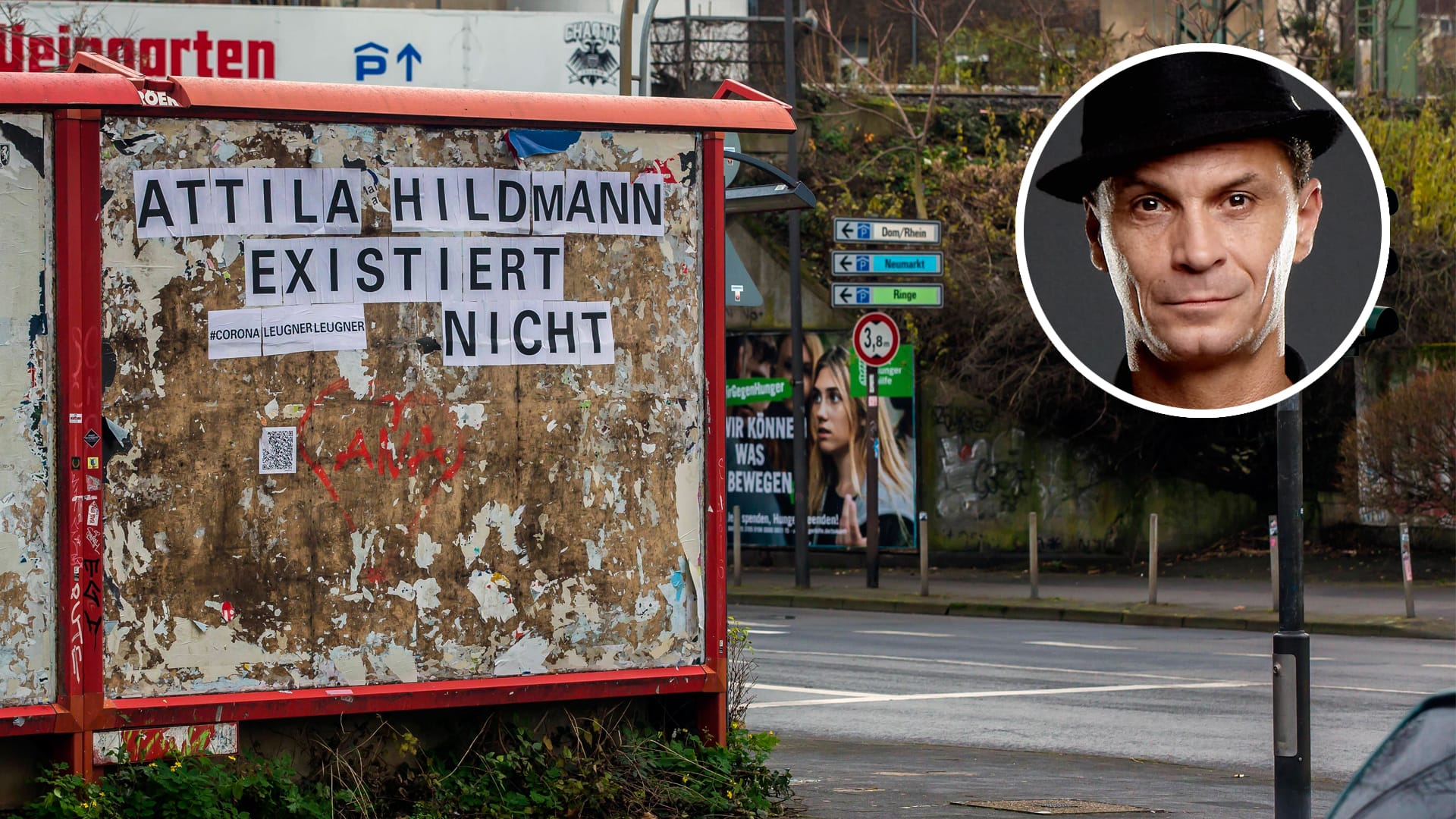 Ein Plakat in Köln in Anlehnung an Querdenker Attila Hildmann, der die Pandemie anzweifelt: Kölschrocker Peter Brings (kl. Foto) schreibt in seiner Kolumne regelmäßig über Themen aus seiner Stadt.