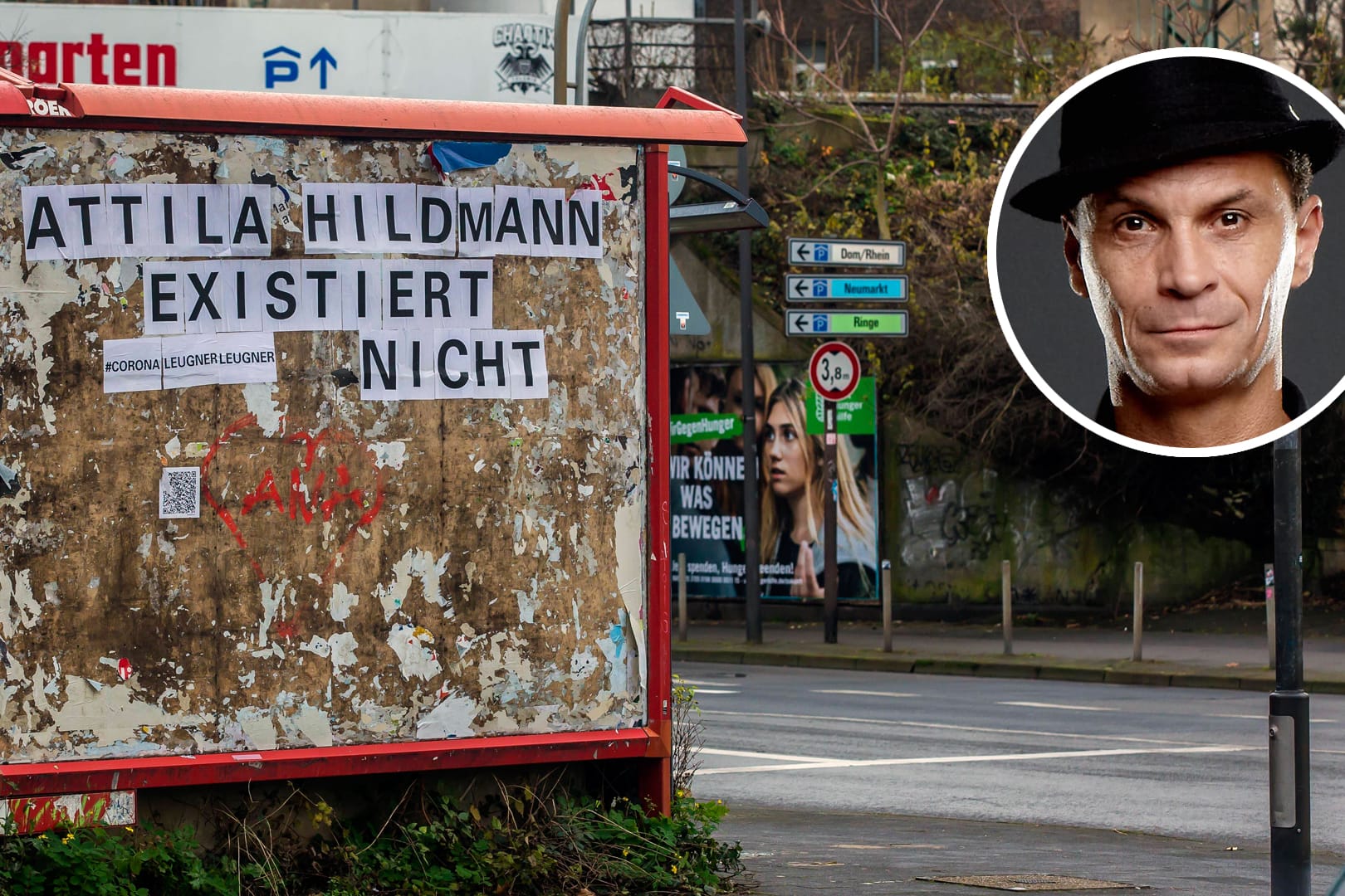 Ein Plakat in Köln in Anlehnung an Querdenker Attila Hildmann, der die Pandemie anzweifelt: Kölschrocker Peter Brings (kl. Foto) schreibt in seiner Kolumne regelmäßig über Themen aus seiner Stadt.