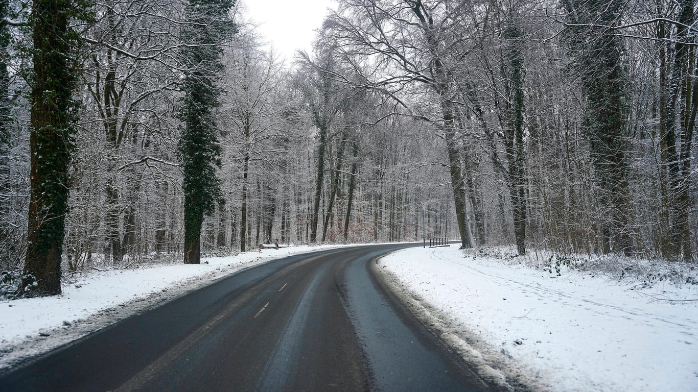 Straße durch einen verschneiten Wald (Symbolbild): Wolfsburg drohen am Wochenende heftige Schneefälle und Glätte.