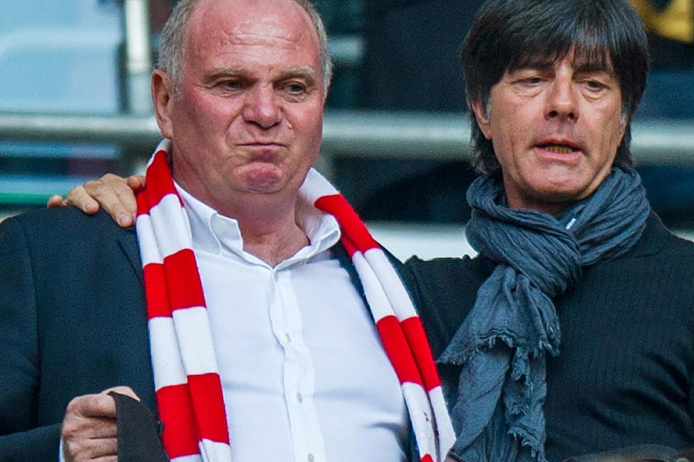 Der frühere Präsident des FC Bayern München, Uli Hoeneß (l) und Bundestrainer Joachim Löw stehen auf der Tribüne in München. Hoeneß will eine drastische Reduzierung der EM-Spielorte.