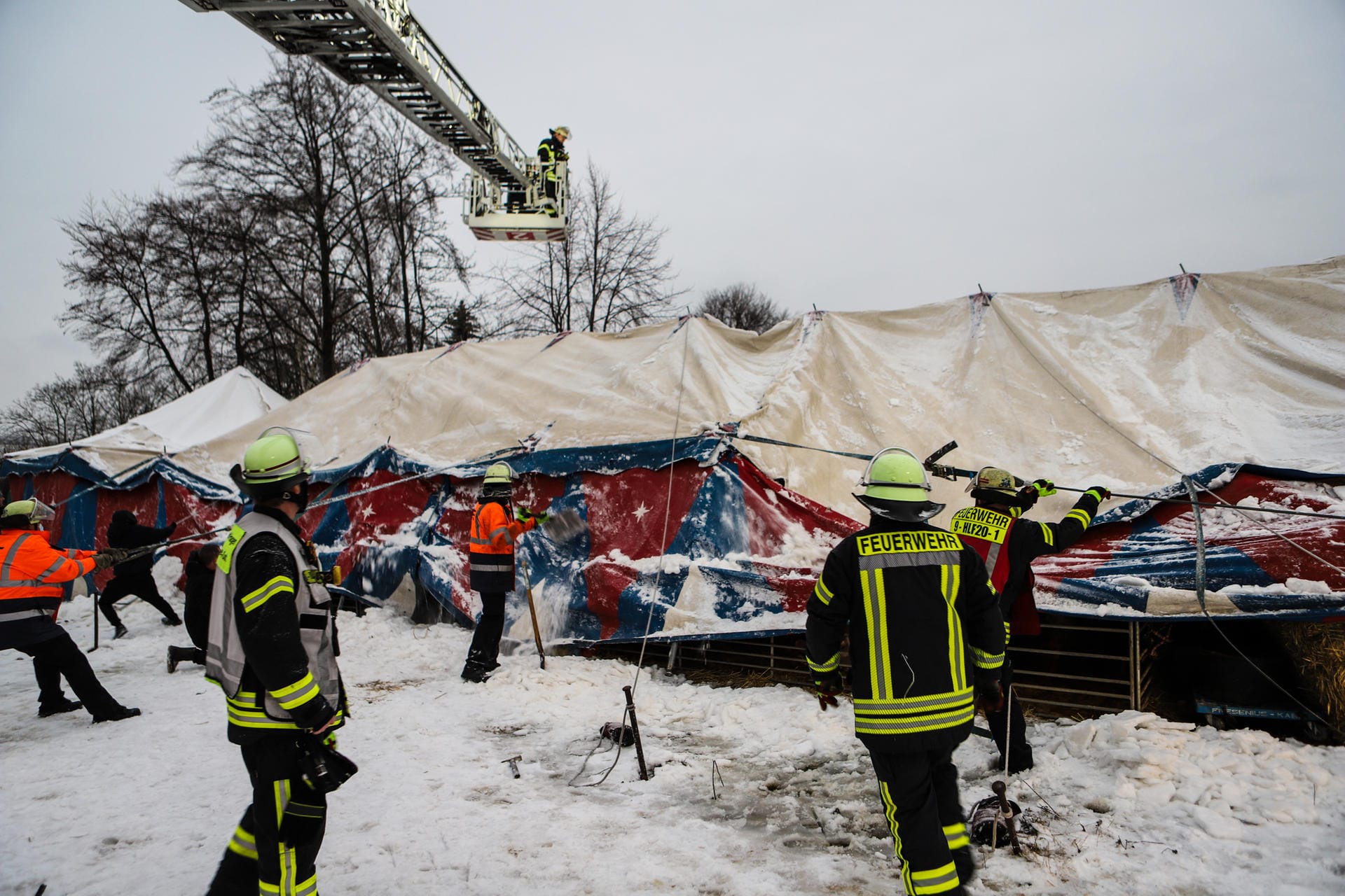 Einsatzkräfte versuchen, ein unter der Schneelast eingestürztes Zirkuszelt in Hagen wieder aufzurichten: Die 13 Tiere, darunter Kamele und Lamas, konnten gerettet werden.