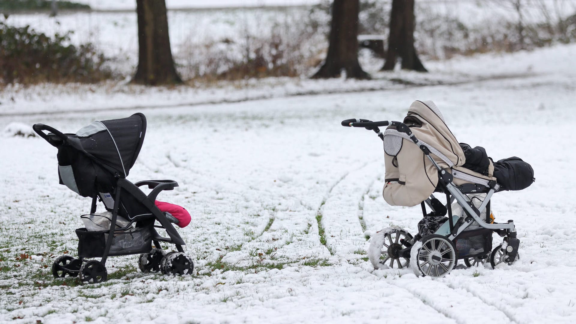 Zwei Kinderwagen im Schnee (Symbolbild): in Hamburg ist ein Zwillingskinderwagen in den Teich gerollt. Zwei Kinderwagen im Schnee (Symbolbild): in Hamburg ist ein Zwillingskinderwagen in den Teich gerollt.