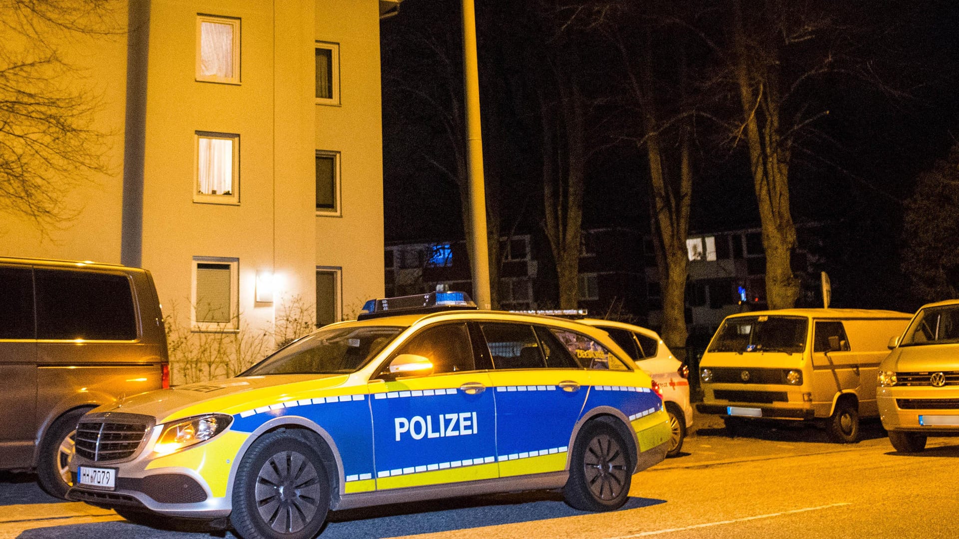 Polizeifahrzeuge stehen in der Bramfelder Chaussee vor einem Mehrfamilienhaus: Ein 28-Jähriger soll seine Mutter getötet haben. Polizeifahrzeuge stehen in der Bramfelder Chaussee vor einem Mehrfamilienhaus: Ein 28-Jähriger soll seine Mutter getötet haben.