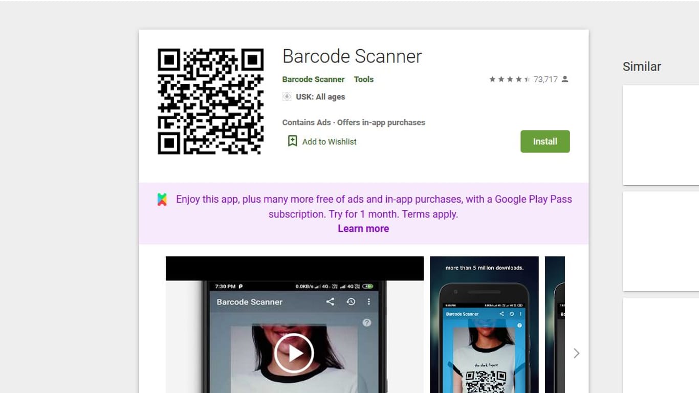 Ein Screenshot der App "Barcode Scanner" von November 2020: Google hat die App aus einem Play Store entfernt.
