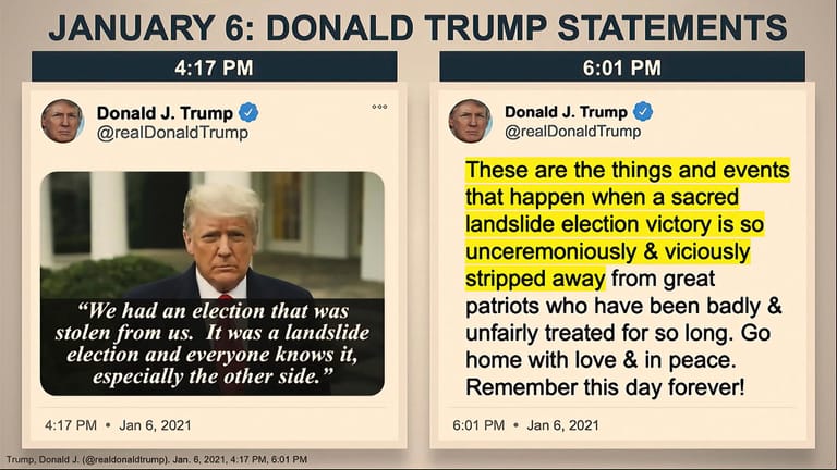 Schaubild der Anklage im Impeachment-Prozess: Drei Tage lang Trump, wie er redete und twitterte.