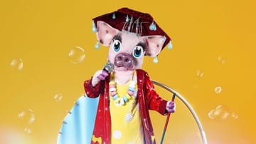Das Schwein: Das Outfit besteht aus einem Regenmantel, Regenschirm und jede Menge Glitzer.