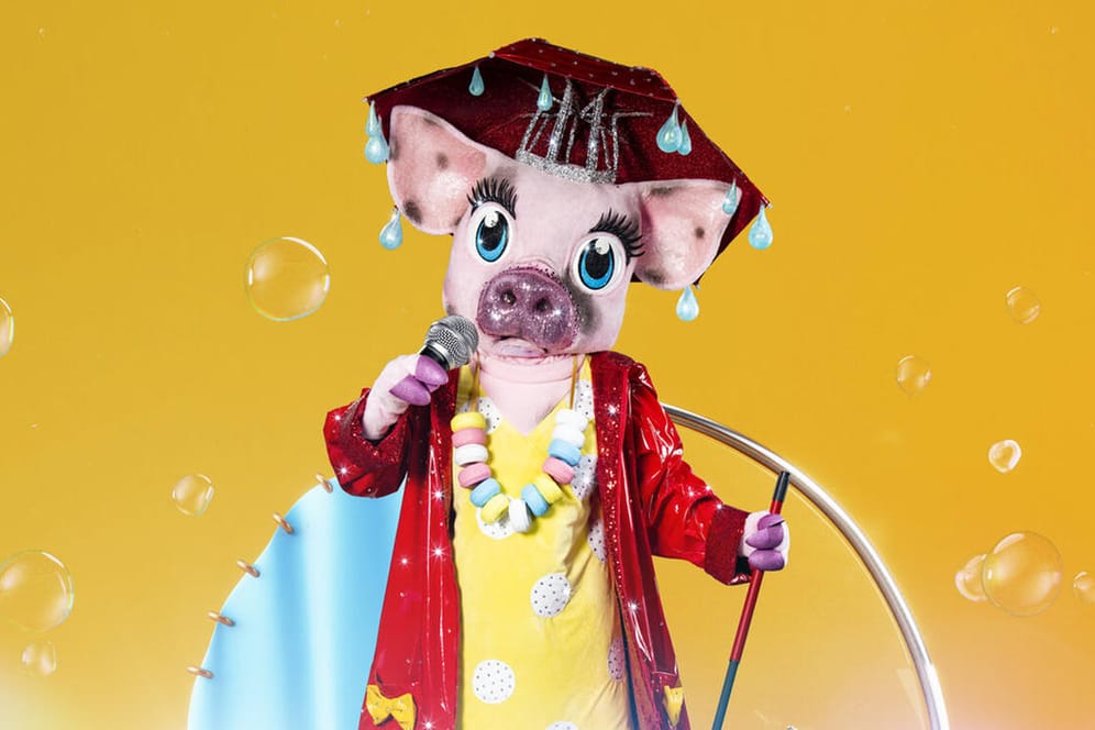 Das Schwein: Das Outfit besteht aus einem Regenmantel, Regenschirm und jede Menge Glitzer.
