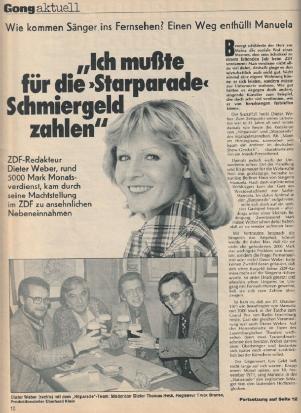 Bericht in der "Gong": 1977 bringt die Programmzeitschrift die Vorwürfe von Manuela auf dem Titelblatt.