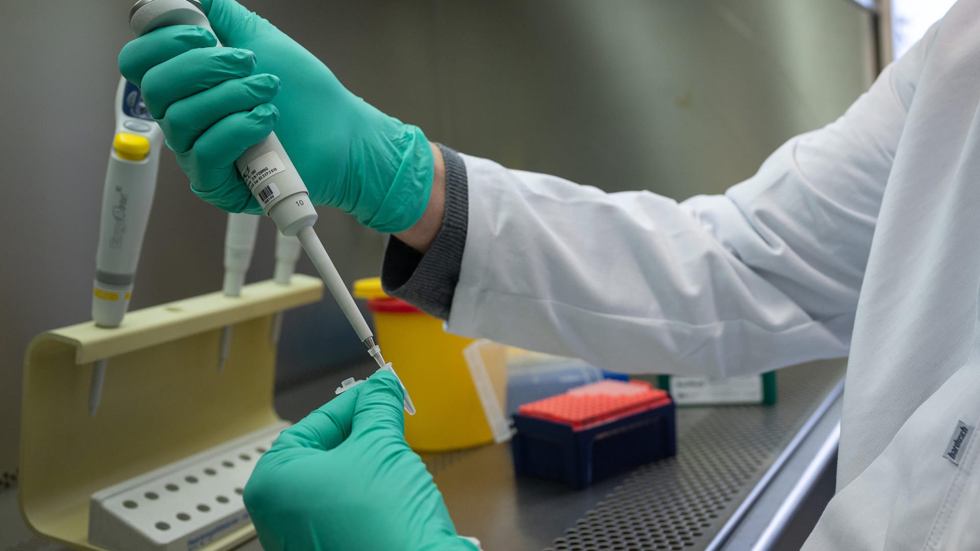 Ein Forscher zeigt, wie ein PCR-Test für die Analyse auf Mutationen des Coronavirus vorbereitet wird. Die Infektionszahlen sinken langsam. Ein Forscher zeigt, wie ein PCR-Test für die Analyse auf Mutationen des Coronavirus vorbereitet wird. Die Infektionszahlen sinken langsam.