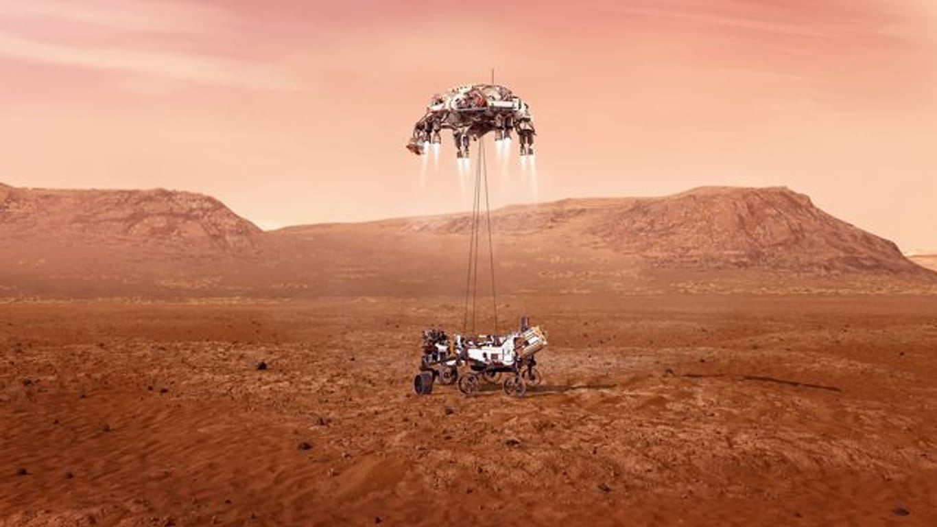 Die Illustration zeigt den Nasa-Rover "Perseverance" bei der Landung auf dem Mars.