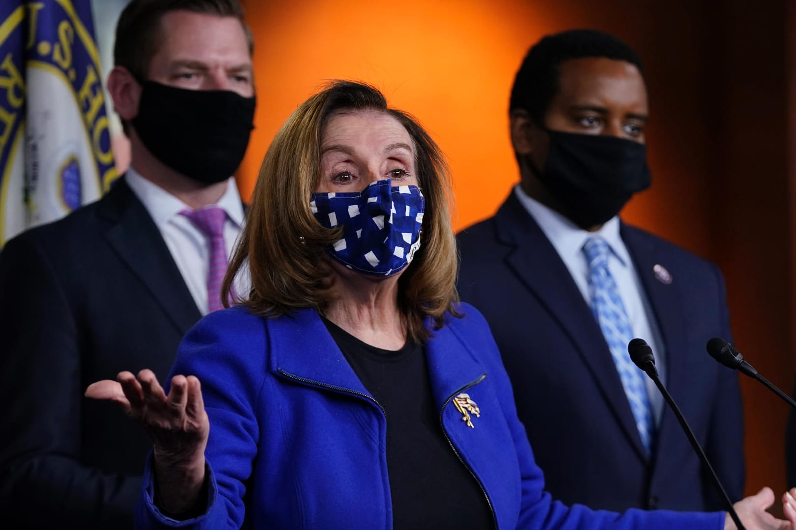 Nancy Pelosi, Eric Swalwell, Joe Neguse: Nach dem Impeachment-Prozess soll nun eine Untersuchung kommen.