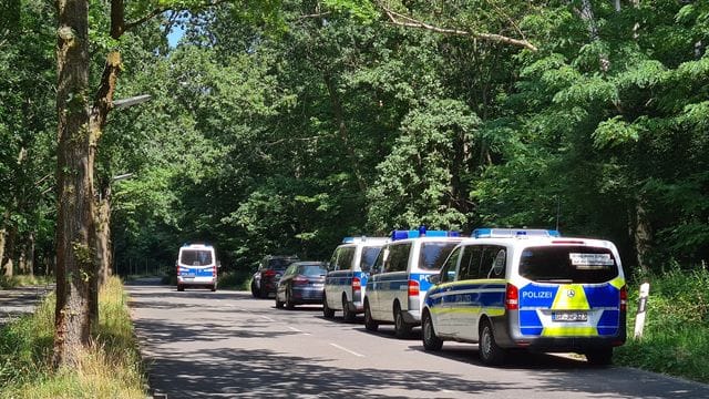 Polizeiautos stehen in einem Waldstück zwischen Babelsberg und Dreilinden. Polizeiautos stehen in einem Waldstück zwischen Babelsberg und Dreilinden.