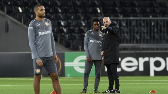 Bayer-Coach Peter Bosz (r) ist mit seinem Team auf Kunstrasen in Bern gefordert.