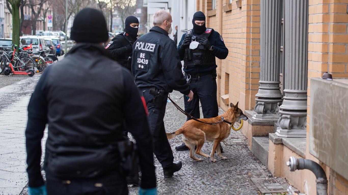 Polizisten gehen bei einer Razzia mit einem Hund in ein Haus: Die Polizei geht gegen Clankriminalität in Berlin und Umgebung vor.