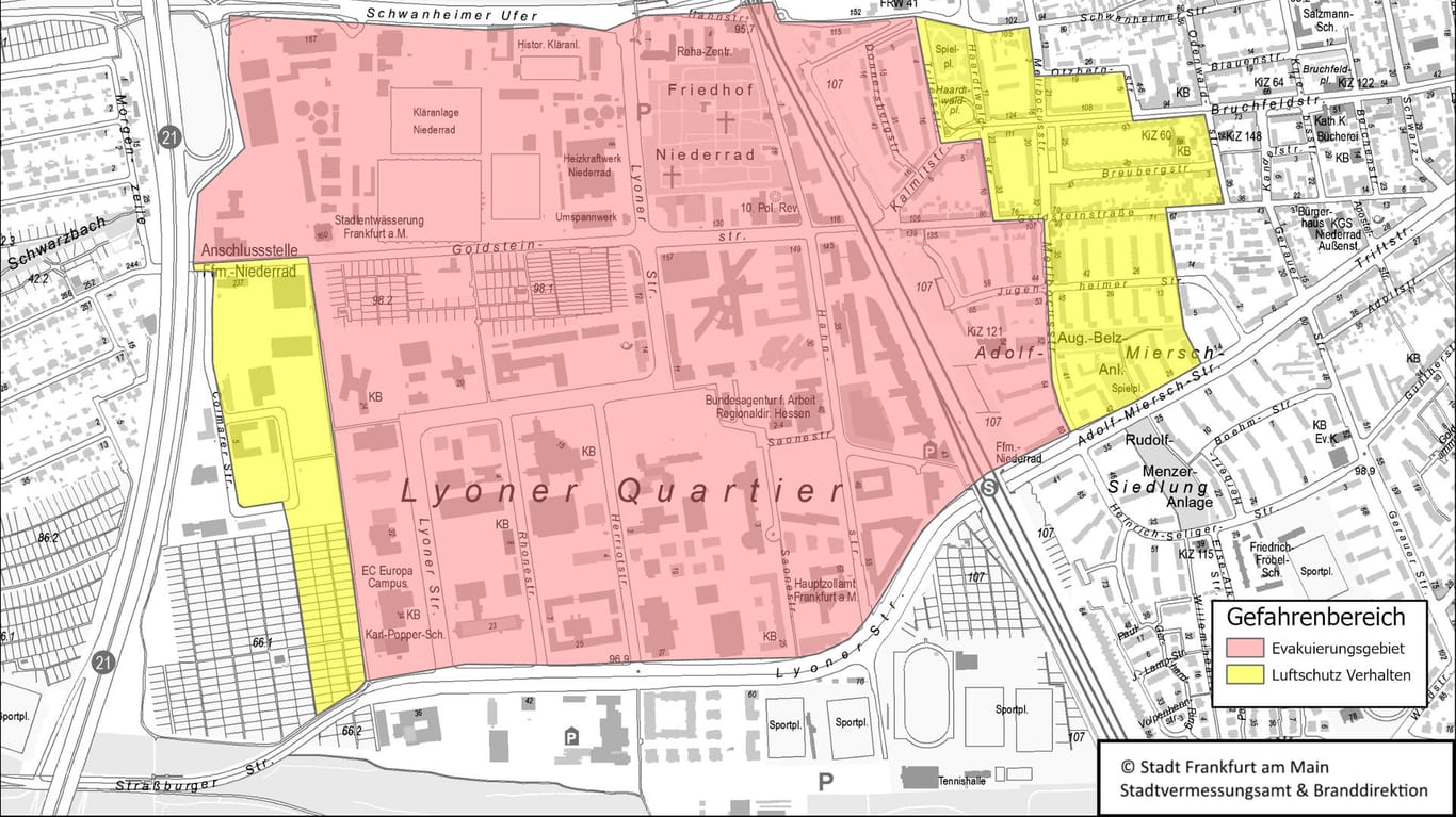 Karte des Räumungsbereichs: Der rot markierte Bereich soll evakuiert werden. Im gelb markierten Bereich gilt sogenanntes "Luftschutzmäßiges Verhalten".