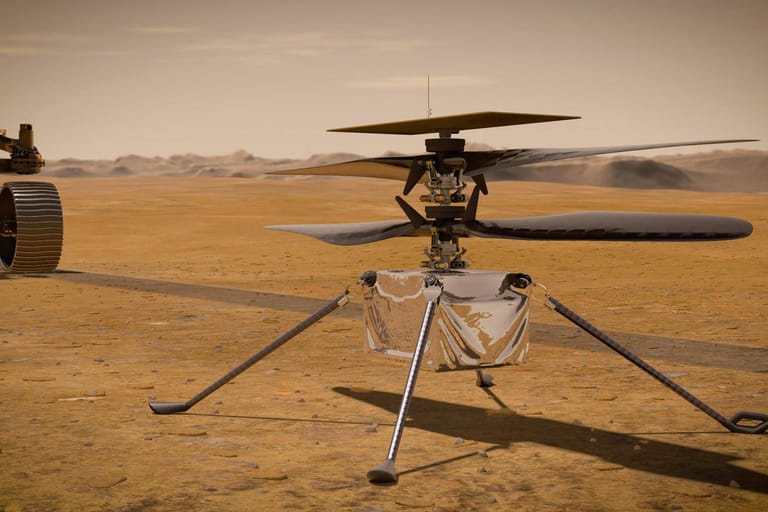 Die von der NASA zur Verfügung gestellte Illustration zeigt den "Ingenuity"-Hubschrauber auf der Marsoberfläche. Er hat jetzt erste Statusmeldungen gesendet.