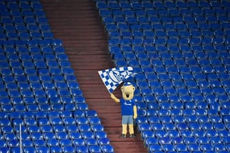 Schalke-Maskottchen Erwin schwenkt auf der sonst leeren Tribüne während des Revierderbys eine Fahne.