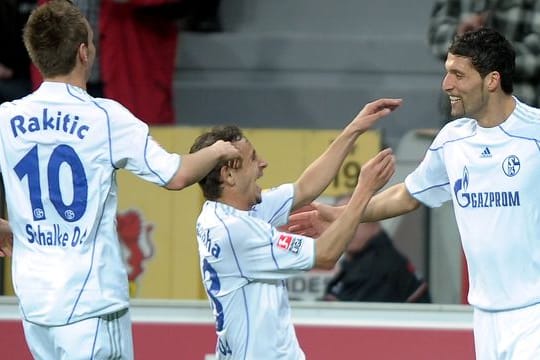 Spielten noch zu erfolgreicheren Zeiten gemeinsam auf Schalke: Rafinha (M) jubeln mit Kevin Kuranyi (r).