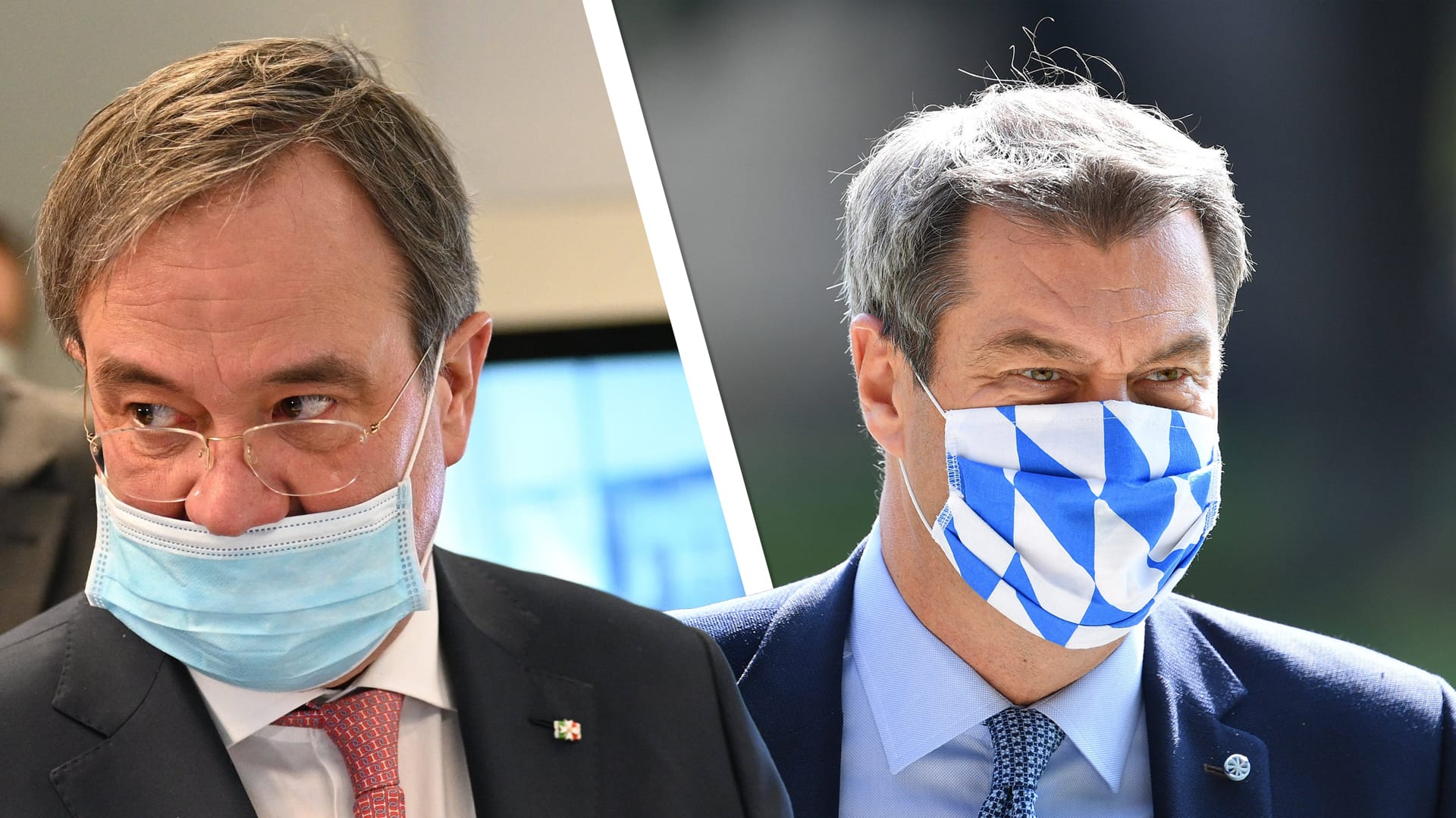 Auf halb acht oder passend in weiß-blau: Solche Bilder prägen das Image von Armin Laschet und Markus Söder in dieser Krise mit.