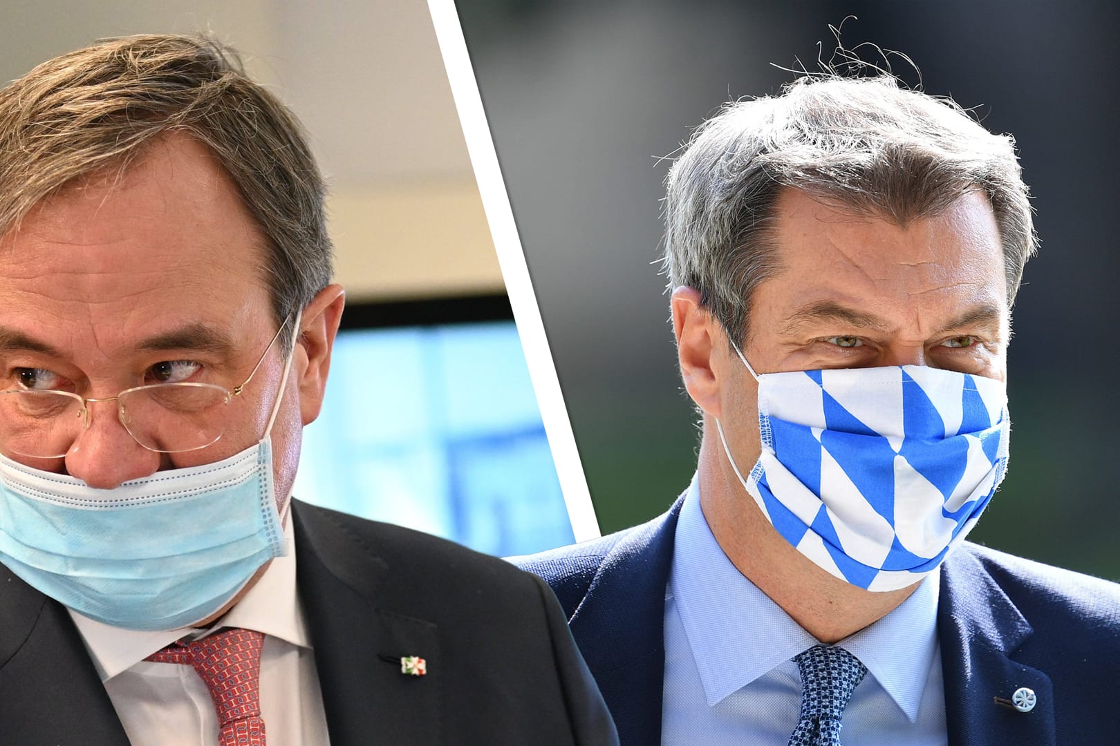 Auf halb acht oder passend in weiß-blau: Solche Bilder prägen das Image von Armin Laschet und Markus Söder in dieser Krise mit.