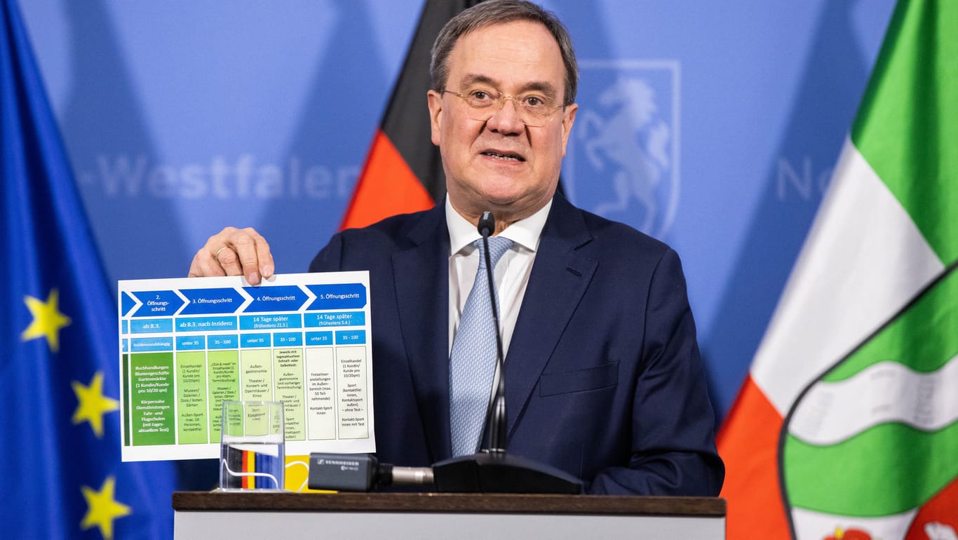 Nordrhein-Westfalens Ministerpräsident Armin Laschet mit der Grafik, die die verschiedenen Öffnungsstufen beinhaltet.