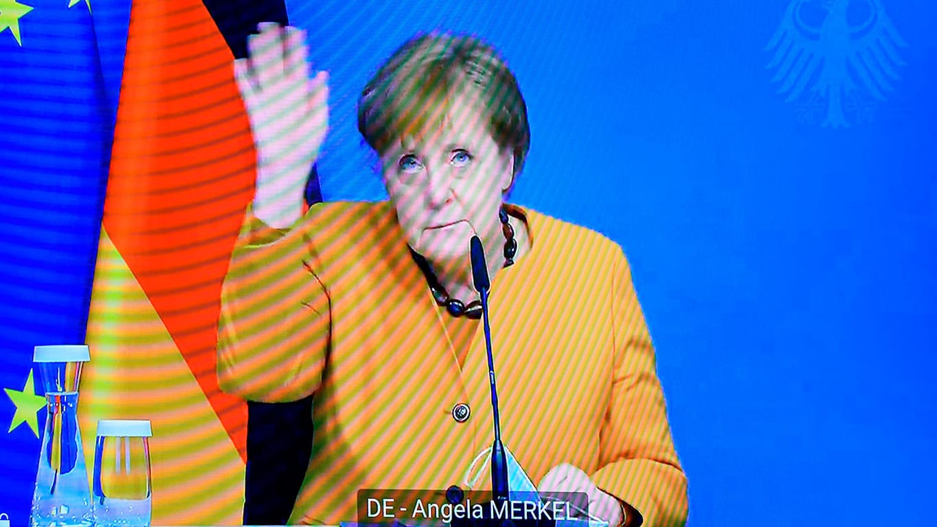 Angela Merkel gestern bei einer Videokonferenz mit dem Präsidenten des Europäischen Rates.