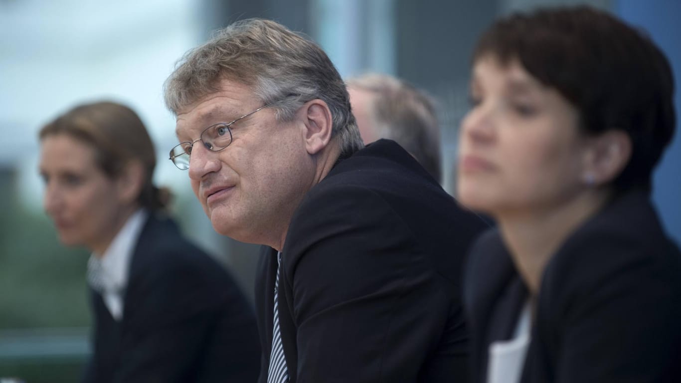 Alice Weidel (l.), Jörg Meuthen und Frauke Petry bei einer Pressekonferenz im Jahr 2017: "Montag Zürich klappt bei mir, LG Jörg".