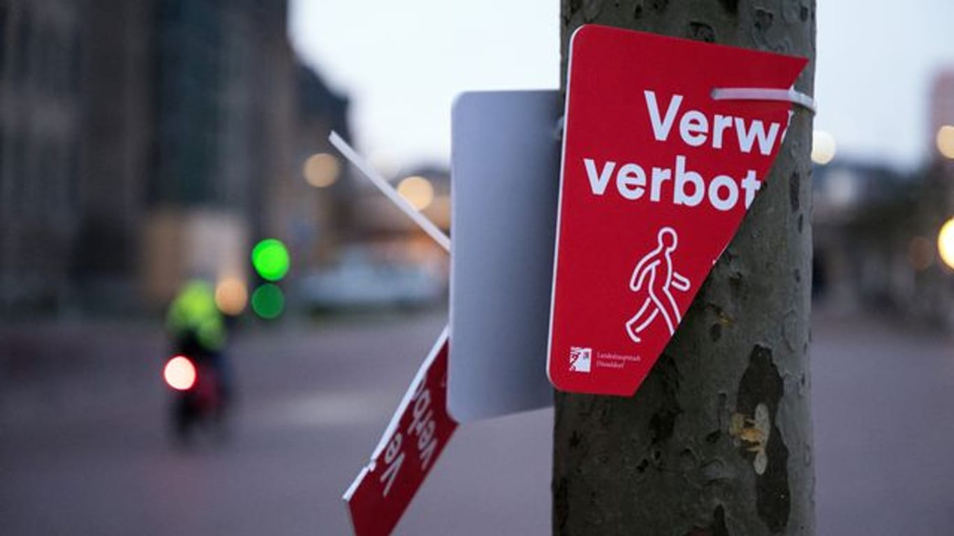 Ein zerstörtes Hinweisschild hängt an einer Platane am Rheinufer (Archivbild): Das "Verweilverbot" in Düsseldorf soll aufgehoben werden.