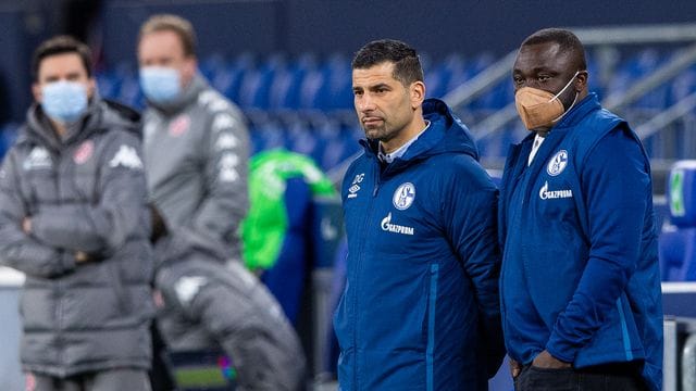 Das Schalker Trainerteam um Dimitrios Grammozis (M) hofft nach dem Punktgewinn gegen Mainz auf einen Dreier in Wolfsburg. Das Schalker Trainerteam um Dimitrios Grammozis (M) hofft nach dem Punktgewinn gegen Mainz auf einen Dreier in Wolfsburg.
