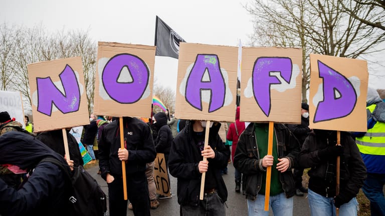 "No AfD" steht bei einem Protest des "Bündnisses gegen Rechts Falkensee" gegen den Landesparteitag der Berliner AfD auf Schildern: Die Partei hält ihren Parteitag in Brandenburg ab.