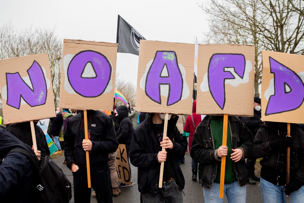 "No AfD" steht bei einem Protest des "Bündnisses gegen Rechts Falkensee" gegen den Landesparteitag der Berliner AfD auf Schildern: Die Partei hält ihren Parteitag in Brandenburg ab.