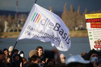 "dieBasis": Auf Demos von Gegnern der Corona-Maßnahmen ist oft die Fahne der Partei zu sehen. Bei der Landtagswahl kam sie aber nur auf knapp unter ein Prozent, insgesamt unter zwei Prozent für "Querdenker"-Politik.