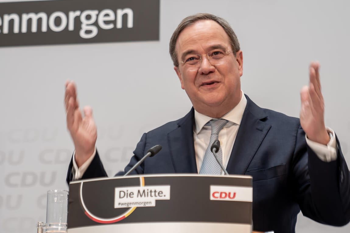 Armin Laschet, CDU-Bundesvorsitzender und Ministerpräsident von Nordrhein-Westfalen, nimmt an einer Pressekonferenz der CDU nach den Gremiensitzungen zu den Landtagswahlen in Baden-Württemberg und Rheinland-Pfalz teil.