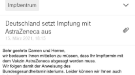 Mail vom Impfzentrum: Die Nachricht an Jutta Seling, dass ihr Termin am nächsten Morgen ausfällt.