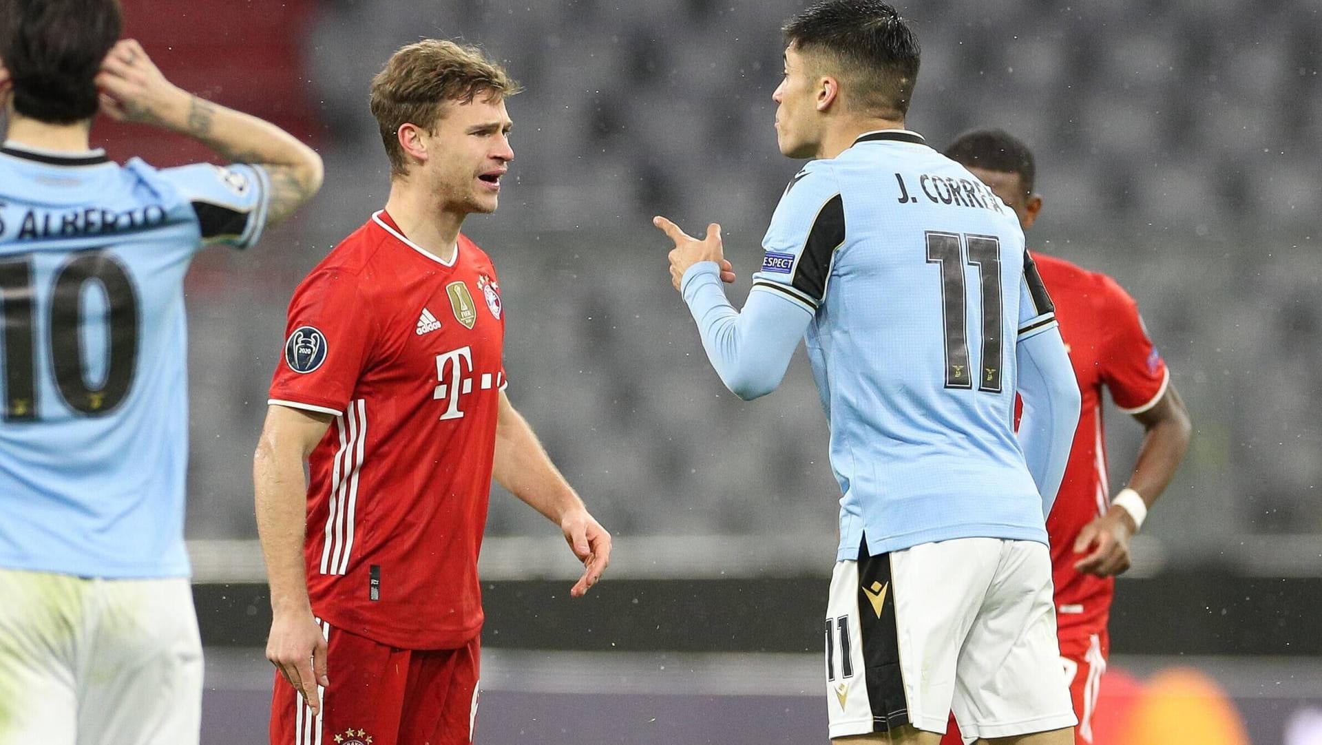 Joshua Kimmich (l.): Der Bayern-Star, hier im Zwiegespräch mit Lazios Joaquin Correa, steht mit seinem Team im Viertelfinale der Champions League.