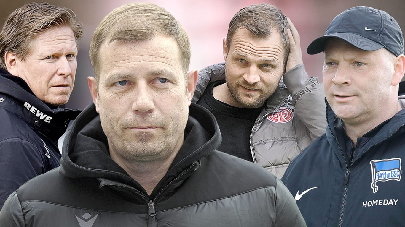Wer hält die Klasse? Markus Gisdol, Frank Kramer, Bo Svensson und Pál Dárdai stecken mit ihren Klubs tief im Abstiegskampf.