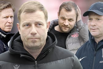 Wer hält die Klasse? Markus Gisdol, Frank Kramer, Bo Svensson und Pál Dárdai stecken mit ihren Klubs tief im Abstiegskampf.