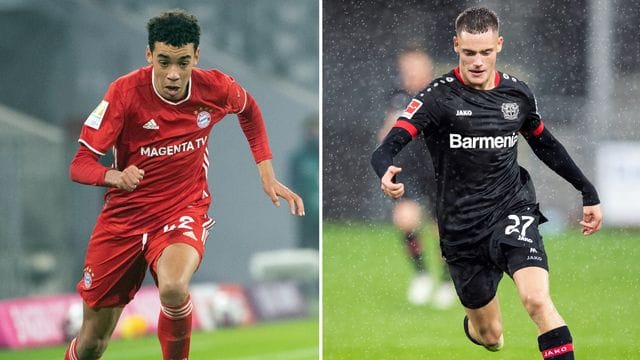 Sind erstmals beim A-Team von Bundestrainer Joachim Löw dabei: Bayern- Profi Jamal Musiala (l) und Leverkusens Florian Wirtz. Sind erstmals beim A-Team von Bundestrainer Joachim Löw dabei: Bayern- Profi Jamal Musiala (l) und Leverkusens Florian Wirtz.