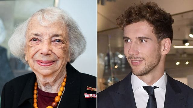 Bayern-Profi Leon Goretzka traf die Holocaust-Überlebende Margot Friedländer in Berlin. Bayern-Profi Leon Goretzka traf die Holocaust-Überlebende Margot Friedländer in Berlin.