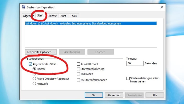 Mit der Systemkonfiguration (msconfig.exe) oder der Eingabeaufforderung (cmd.exe) kann man den abgesicherten Modus unter Windows 10 ebenfalls aufrufen.
