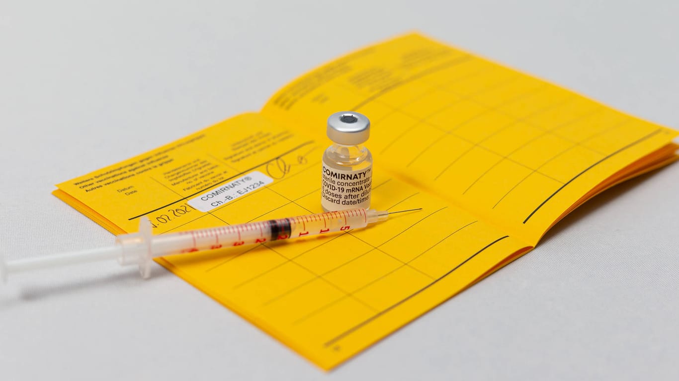 Ein Impfpass und eine Ampulle und Spritze mit Impfstoff (Symbolbild): In Erkrath wurden die falschen Impfstoffe eingetragen.
