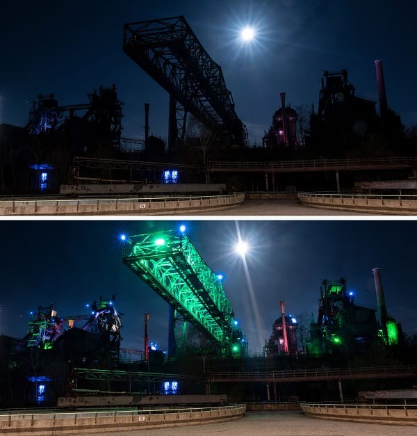 Die Lichtinstallation des Künstlers Jonathan Park (unten) am ehemaligen Hüttenwerk im Landschaftspark Duisburg Nord ist während der "Earth Hour" unbeleuchtet.