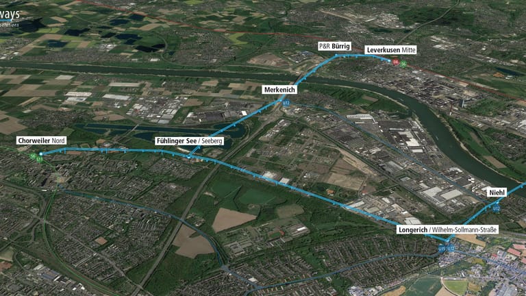 Netzkarte: Die von Urban Netways vorgeschlagene Strecke würde eine Verbindung zwischen Leverkusen und Chorweiler schaffen.